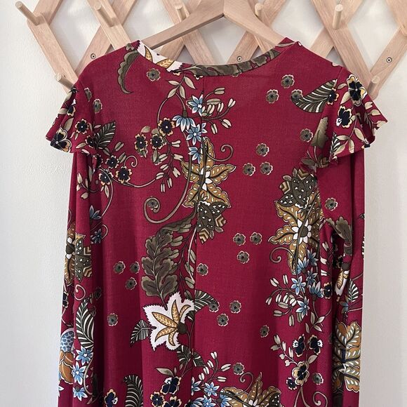 Watermelon 1X Burgundy Floral Print Fall Long Sleeve Dress - Picture 7 of 7